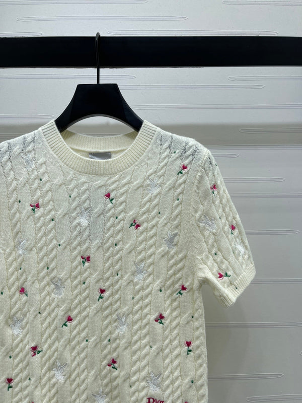 CD SS26 Embroidered Cable-Knit Sweater Bird Rose Inovy Cashmere 351086