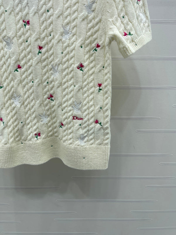 CD SS26 Embroidered Cable-Knit Sweater Bird Rose Inovy Cashmere 351086