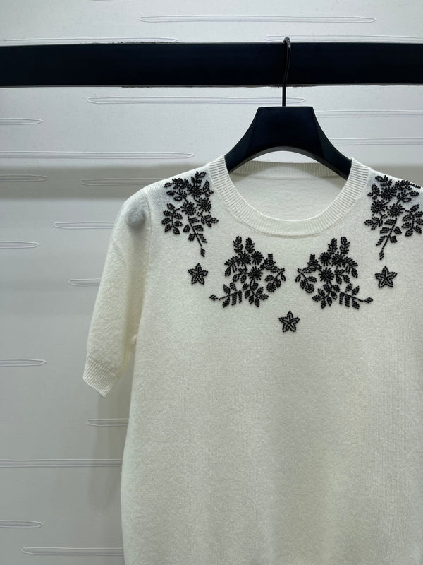 CD SS26 Haut en maille à fleurs brodées ivoire laine 351068