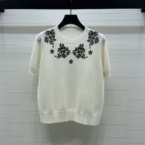 CD SS26 Haut en maille à fleurs brodées ivoire laine 351068