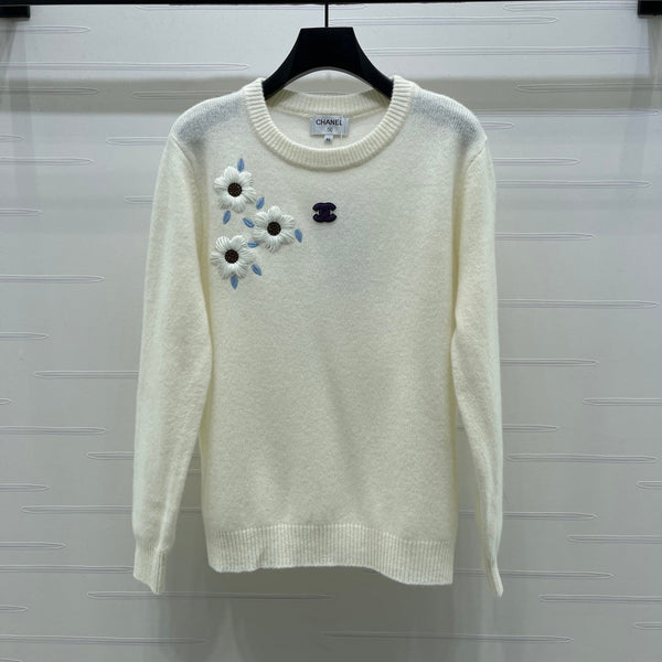 Chanel Motifs Floraux Pull Crème Brodé 340996