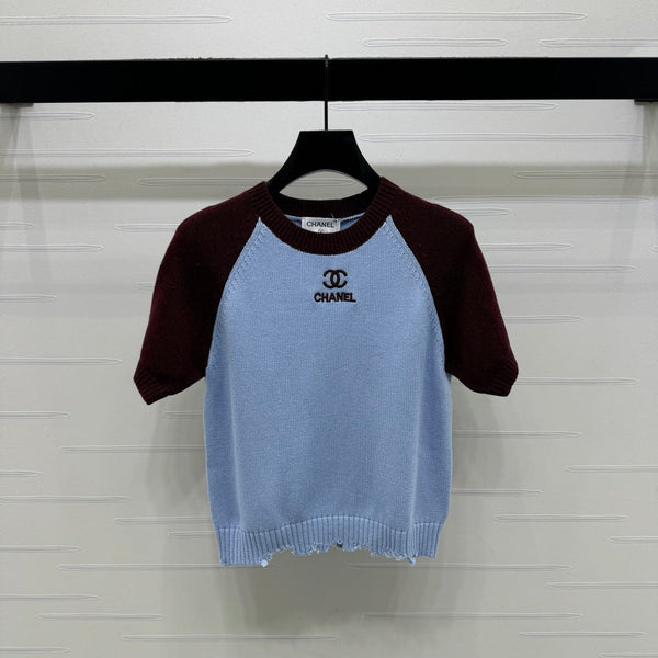 CC Pull en maille à manches courtes bleu clair bordeaux cachemire laine 351024