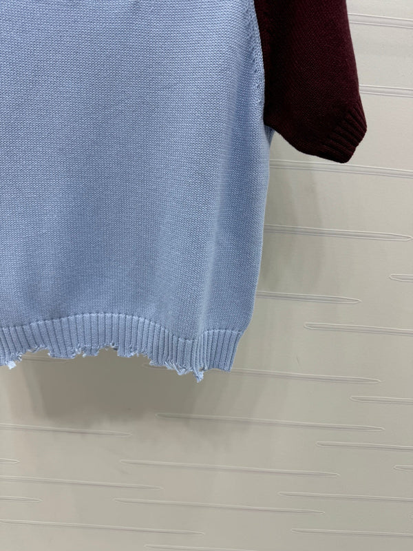 CC Pull en maille à manches courtes bleu clair bordeaux cachemire laine 351024