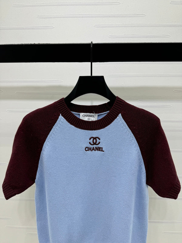 CC Pull en maille à manches courtes bleu clair bordeaux cachemire laine 351024