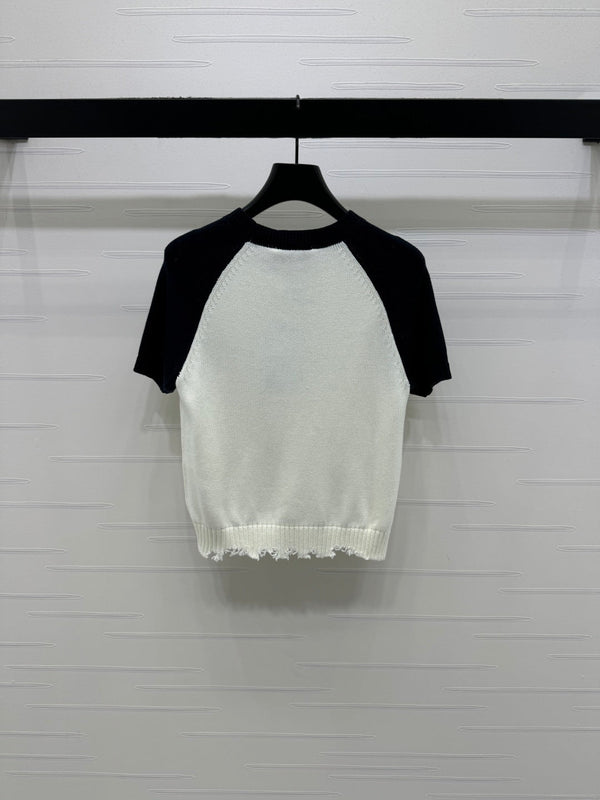 CC Pull en maille à manches courtes Blanc Noir Cachemire Laine 351022