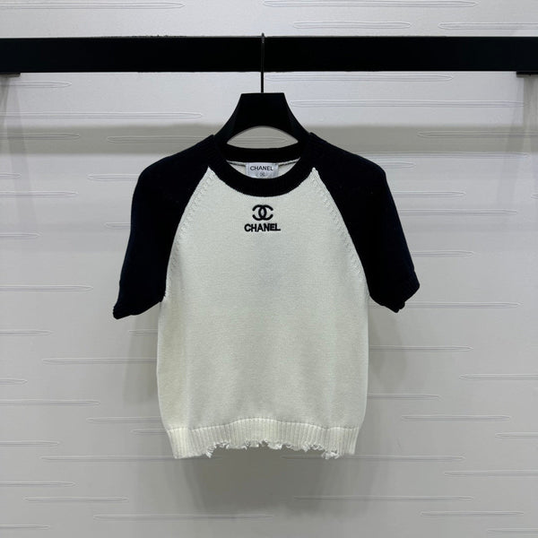 CC Pull en maille à manches courtes Blanc Noir Cachemire Laine 351022