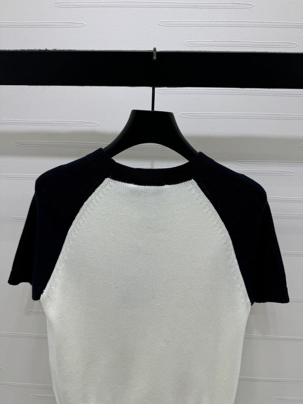 CC Pull en maille à manches courtes Blanc Noir Cachemire Laine 351022