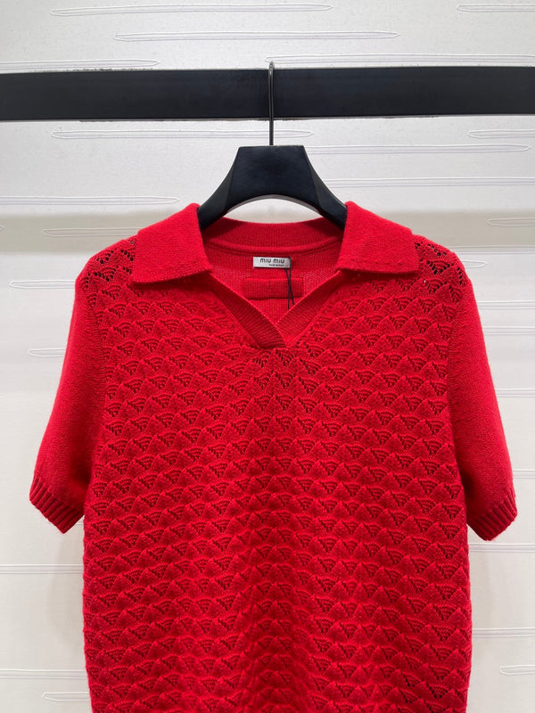 Miu Polo Half-Open Short-Sleeved Top Red Knit 343435