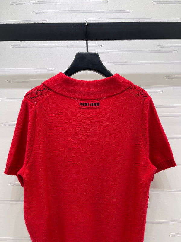 Miu Polo Half-Open Short-Sleeved Top Red Knit 343435
