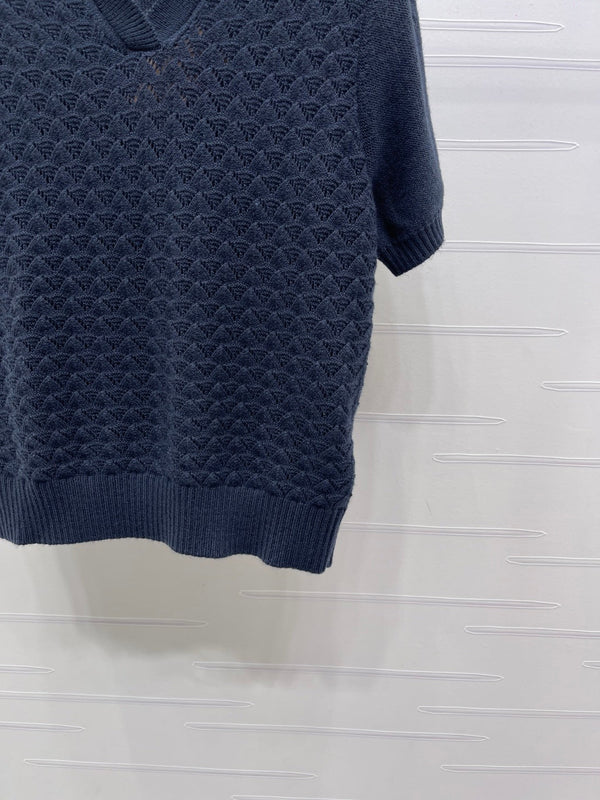 Haut Miu Polo semi-ouvert à manches courtes en maille bleu marine 343436