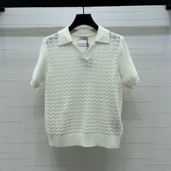 Miu Polo Half-Open Short-Sleeved Top Ivory Knit 343437
