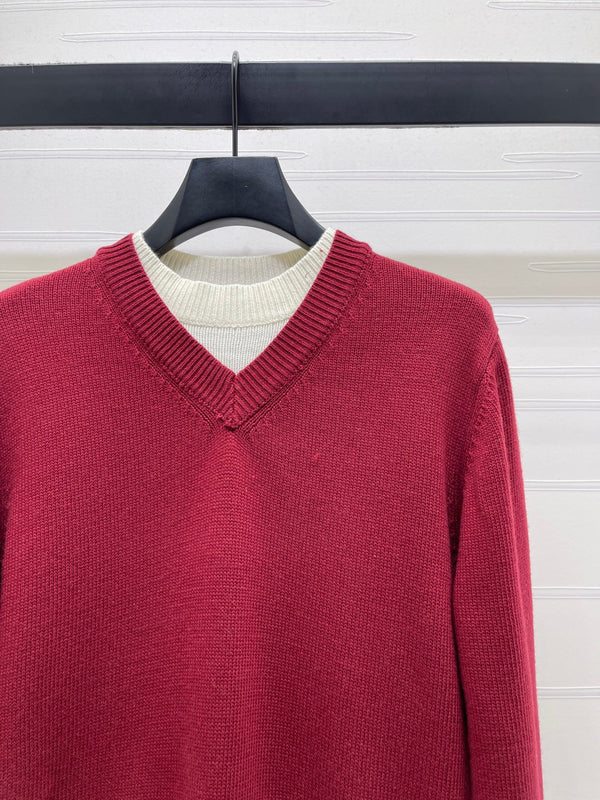 CC 26s Crew Neck Color-Blocked Faux Two-Piece Sweater Red Cashemere 344152