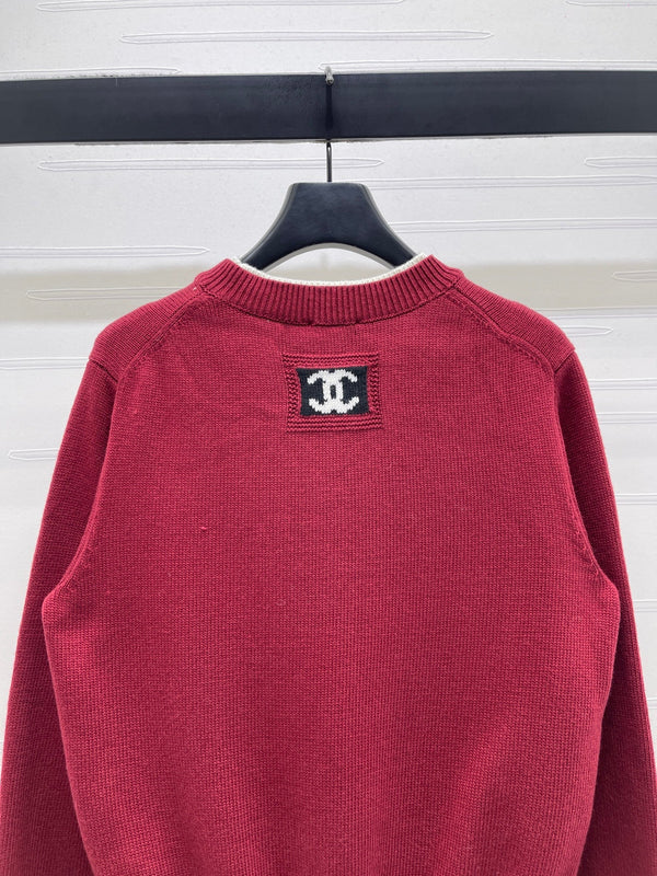 CC 26s Crew Neck Color-Blocked Faux Two-Piece Sweater Red Cashemere 344152