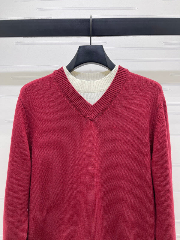 CC 26s Crew Neck Color-Blocked Faux Two-Piece Sweater Red Cashemere 344152