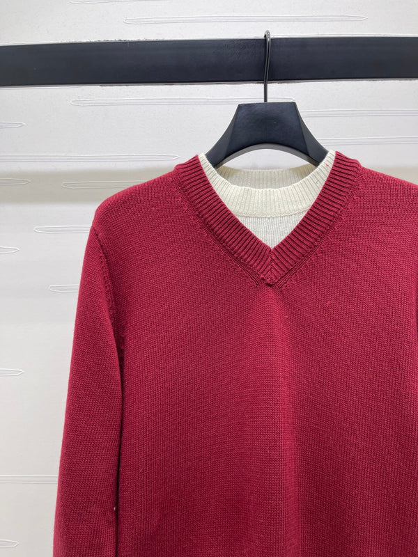 CC 26s Crew Neck Color-Blocked Faux Two-Piece Sweater Red Cashemere 344152