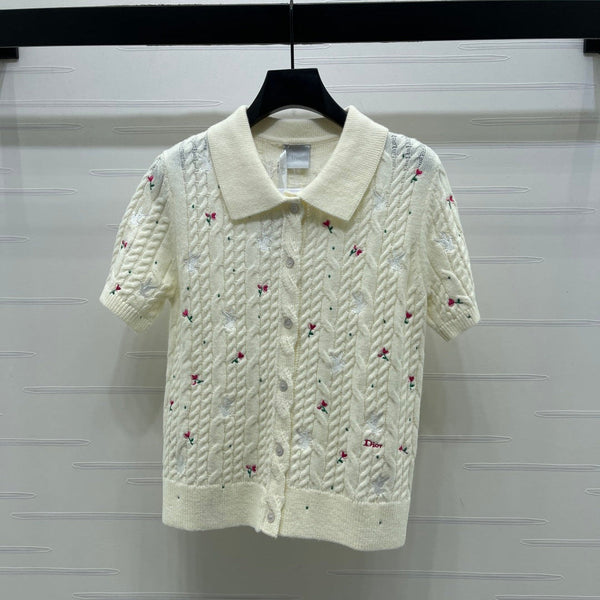 CD SS26 Embroidered Knit Polo Shirt Bird Rose Ivory Cashmere 351082