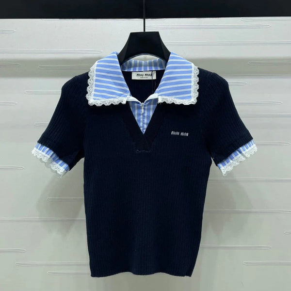 Miumiu 2026 Ribbed Knit Top With Striped Collar Blue Wool 352525