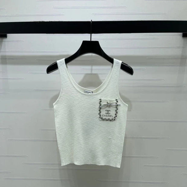 Chanel 2026 Gilet à poches en strass blanc Tencel Laine 257259
