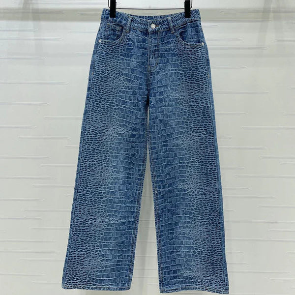 Chanel 2026 Jean Taille Haute Bleu Coton Imprimé Croco 363373