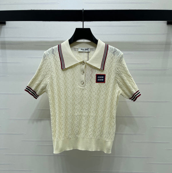 Miu Knit Short-Sleeved Cream Burgundy Tencel Wool 380755