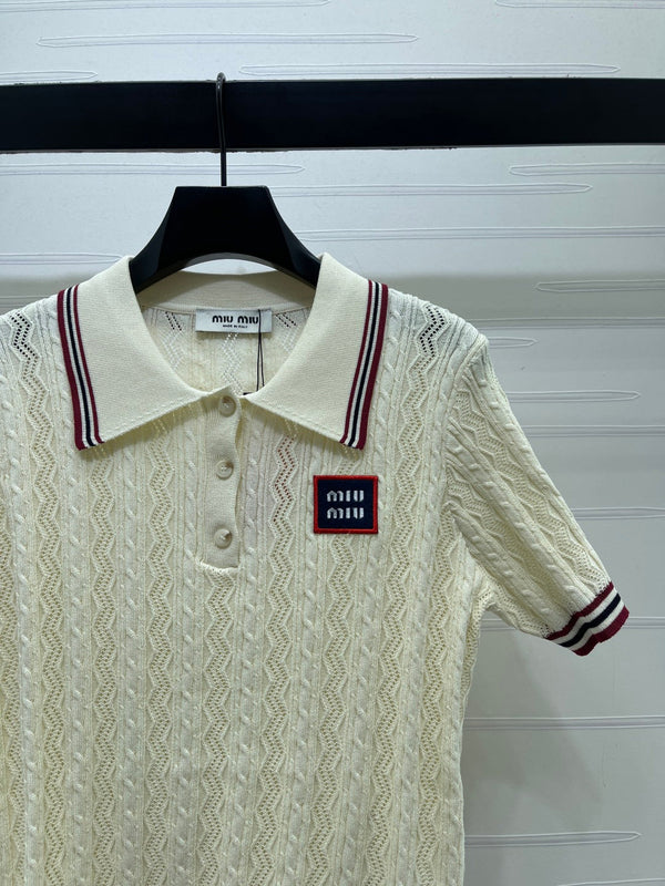 Miu Knit Short-Sleeved Cream Burgundy Tencel Wool 380755