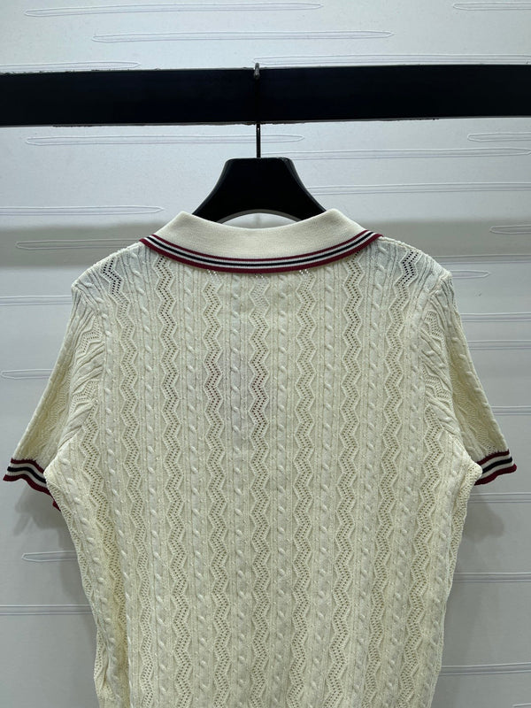 Miu Knit Short-Sleeved Cream Burgundy Tencel Wool 380755