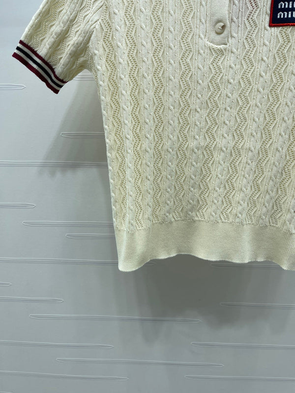 Miu Knit Short-Sleeved Cream Burgundy Tencel Wool 380755
