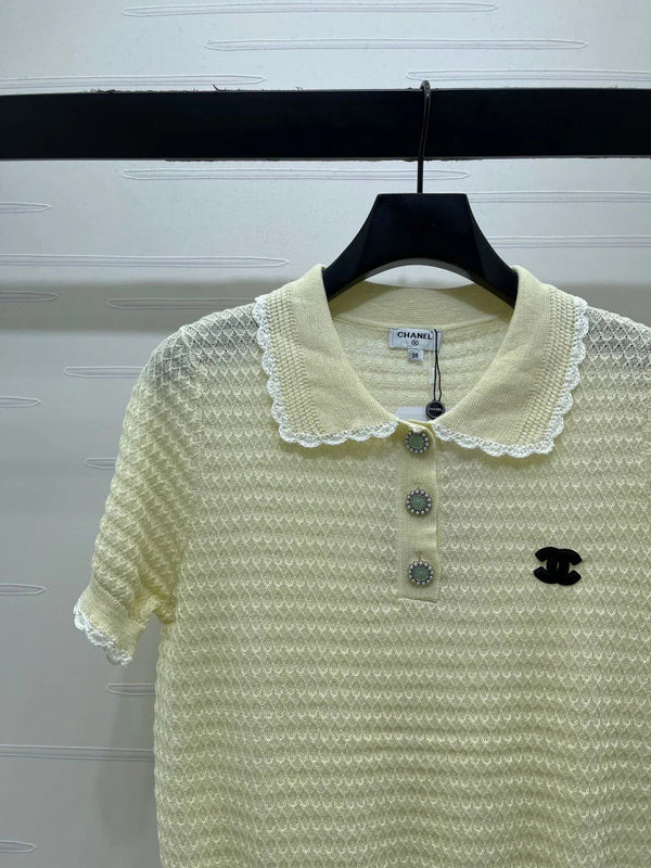 CC 2026 Lace-trimmed Polo Collar Knit Short-sleeved Top Cotton 390780