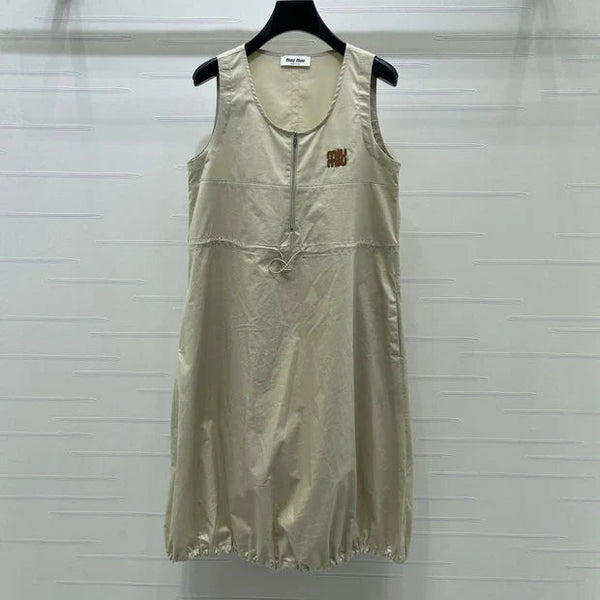 Miu 2026 Letter Label Waist-cinching Vest Dress Beige Polyester 392570