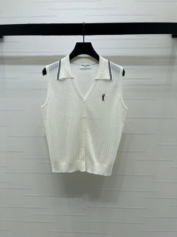 YSL Collared Knit Vest Spun Silk Linen 397453