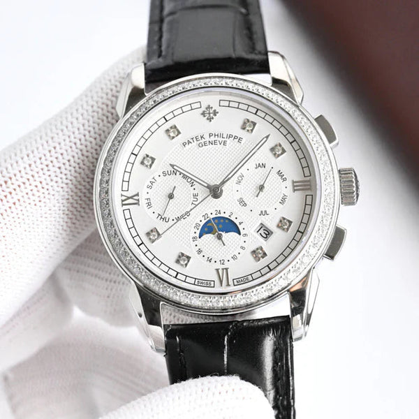 Patek Philippe Annual Calendar 42mm Diamond Benzel Black Leather Strap