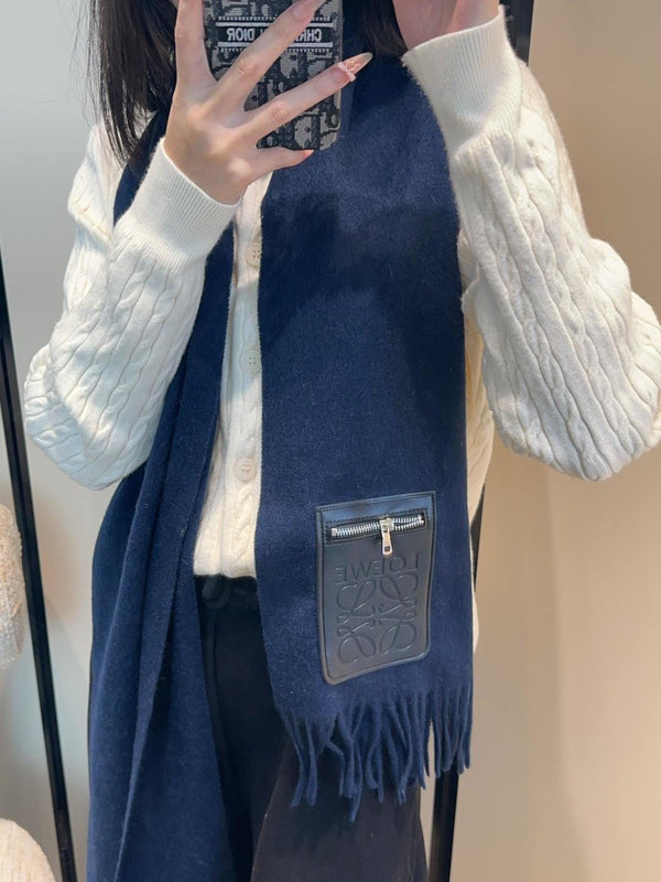 Loewe Scarf 180CM Dark Blue Mix Black Wool-blend Leather 969503