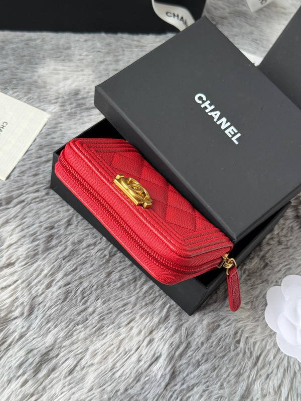 CC Classic Boy Coin Purse Red Gold-tone Grained Calfskin 242876