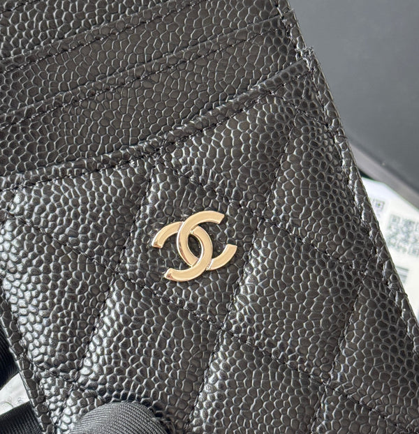 CC Carld Holder Black Golden- tone Metal Grain Calfskin 242680