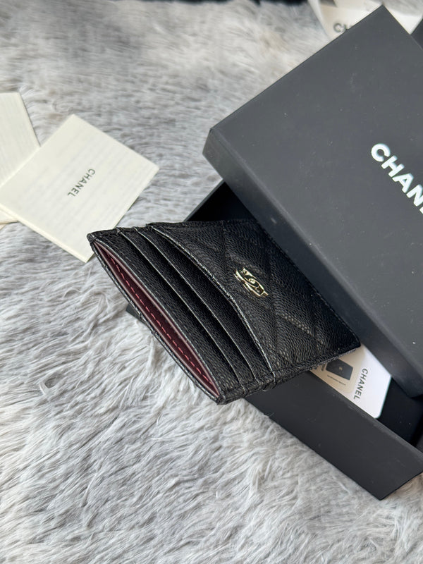 CC Carld Holder Black Sliver-tone Metal Grain Calfskin 242678