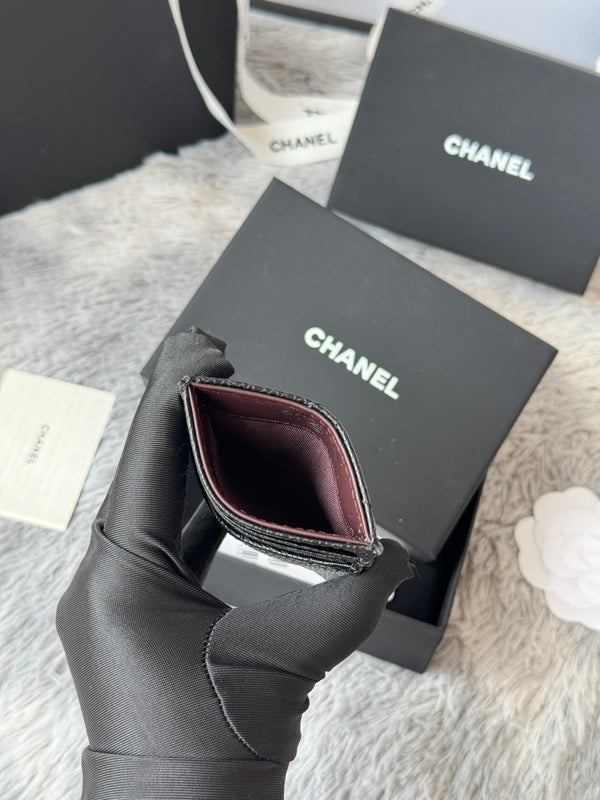 CC Carld Holder Black Sliver-tone Metal Grain Calfskin 242678
