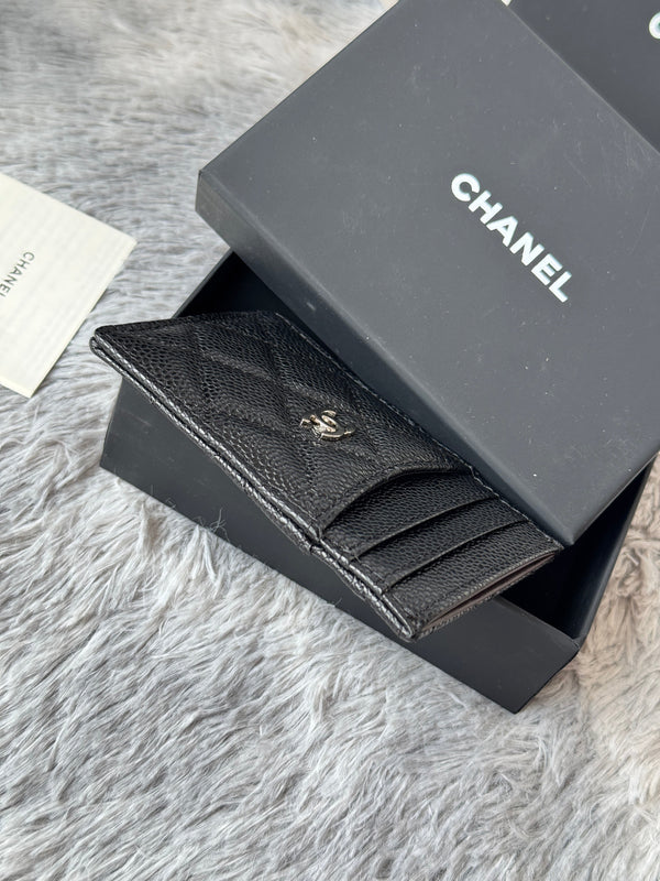 CC Carld Holder Black Sliver-tone Metal Grain Calfskin 242678