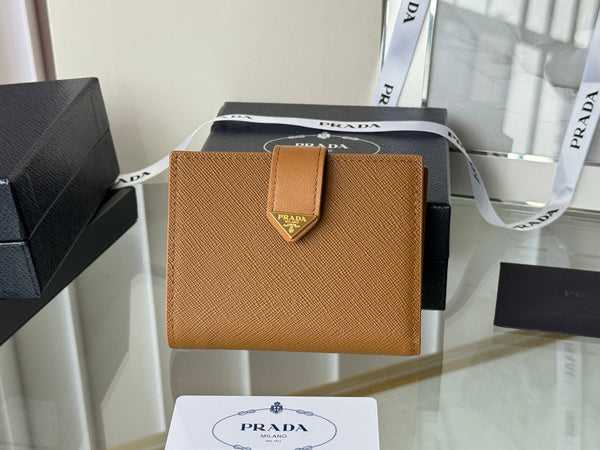 Pra 1MV204 Small Wallet Brown Saffiano & Smooth Leather
