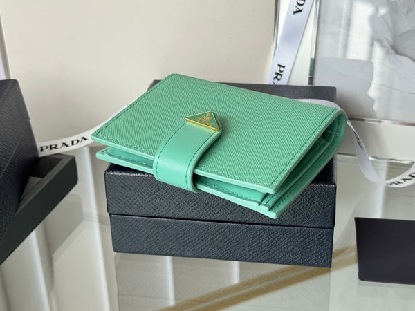 Pra 1MV204 Small Wallet Light Green Saffiano & Smooth Leather