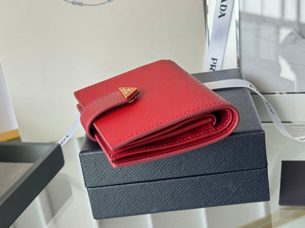 Pra 1MV204 Small Wallet Red Saffiano & Smooth Leather