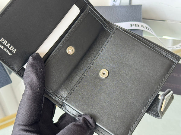 Pra 1MV204 Small Wallet Black Silver Tone Saffiano & Smooth Leather