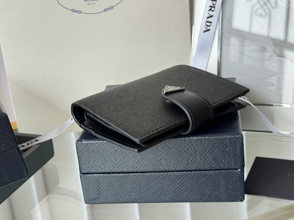 Pra 1MV204 Small Wallet Black Silver Tone Saffiano & Smooth Leather