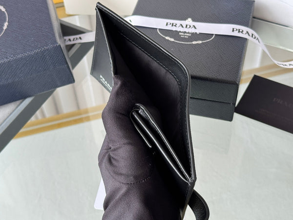 Pra 1MV204 Small Wallet Black Silver Tone Saffiano & Smooth Leather