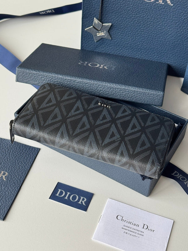 CD Diamond Zipped Long Wallet Black Blue Canvas & Cowhide