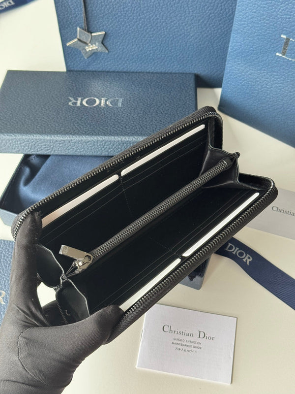 CD Diamond Zipped Long Wallet Black Blue Canvas & Cowhide