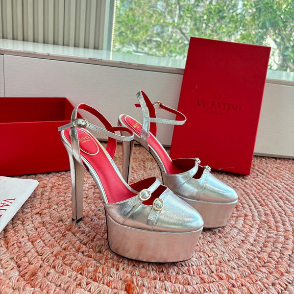 Valentino Escarpins plateforme Crasher 14,5 cm en cuir de mouton argenté 702228