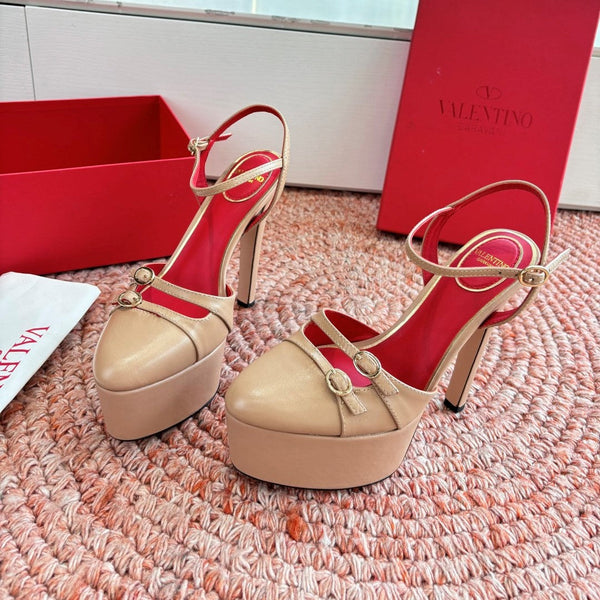 Escarpins plateforme Valentino Crasher 14,5 cm en peau de mouton beige 702231
