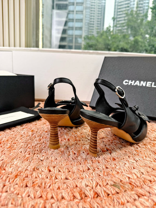 CC 26s Bow Heels 7cm Slingback Black Sheepskin 703665