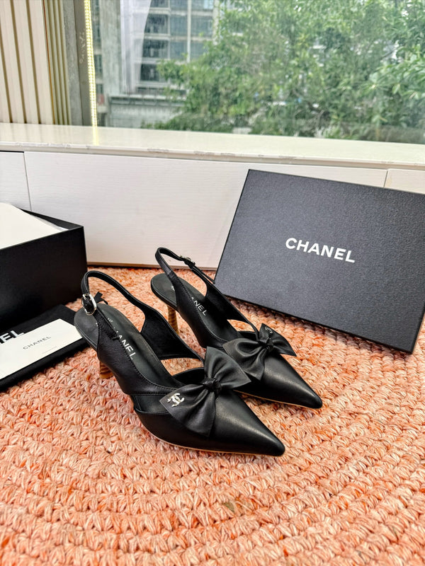 CC 26s Bow Heels 7cm Slingback Black Sheepskin 703665