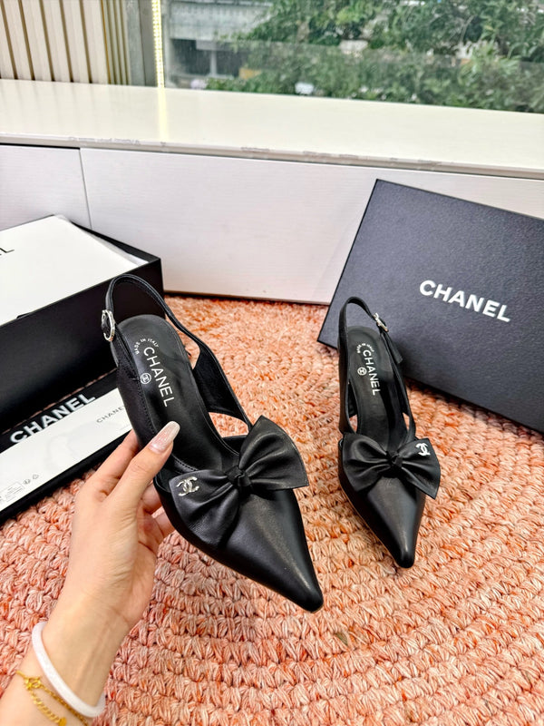 CC 26s Bow Heels 7cm Slingback Black Sheepskin 703665
